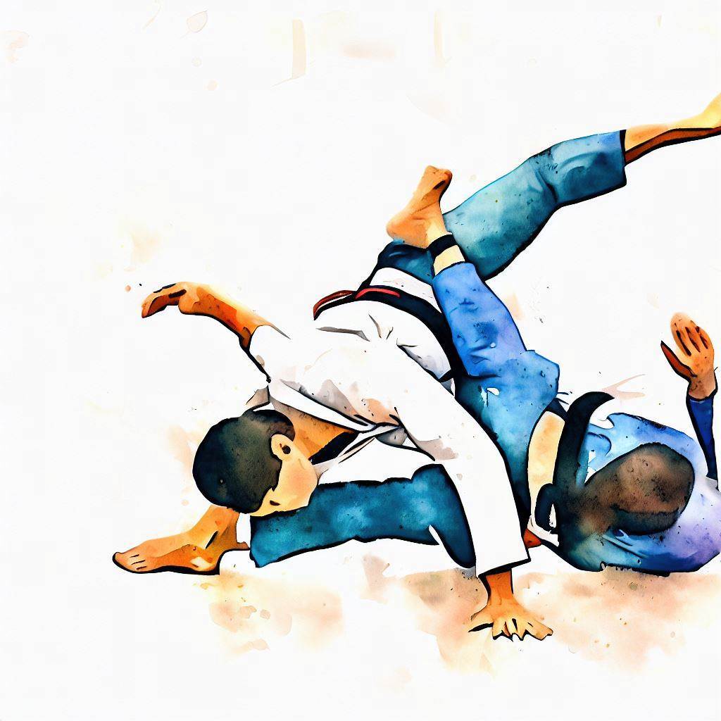 A person practicing jiu-jitsu moves. - Watercolor style