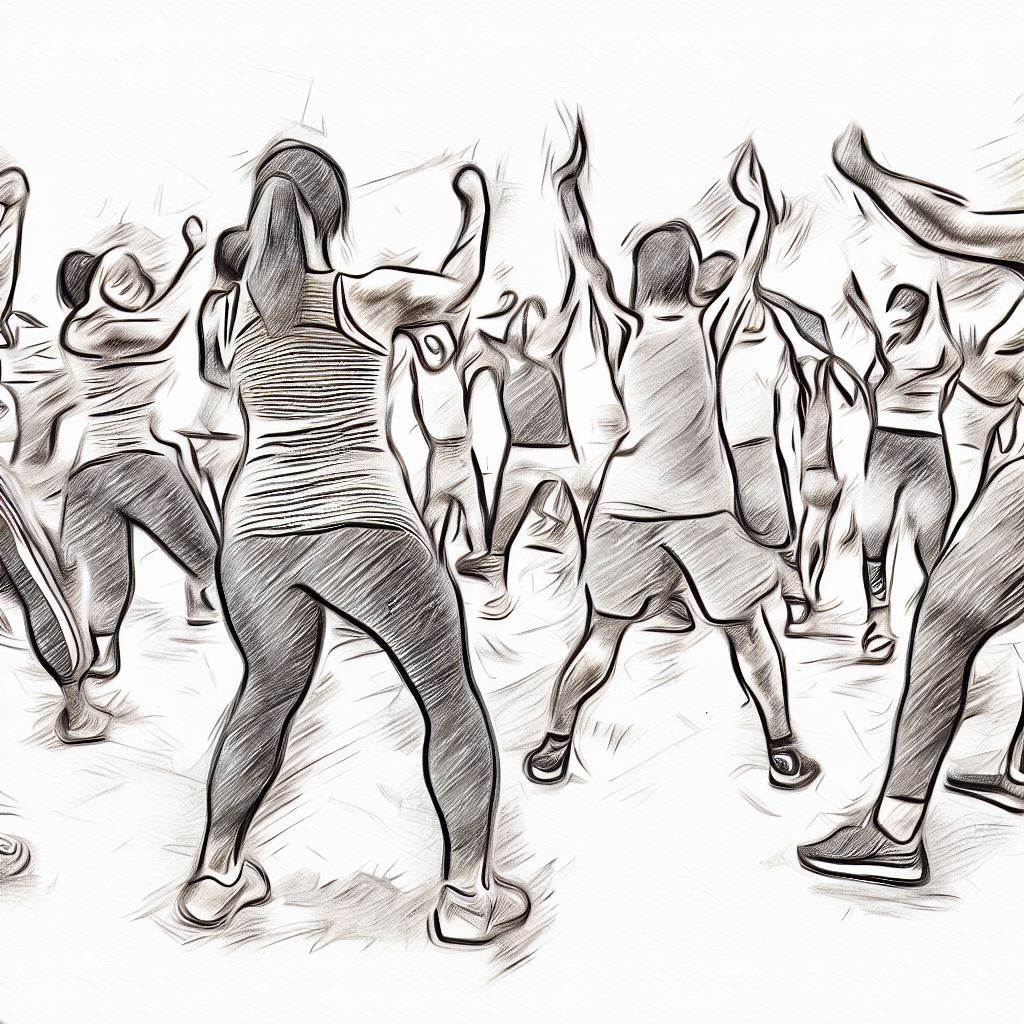 A group of people participating in a Zumba class. - Pencil drawing style