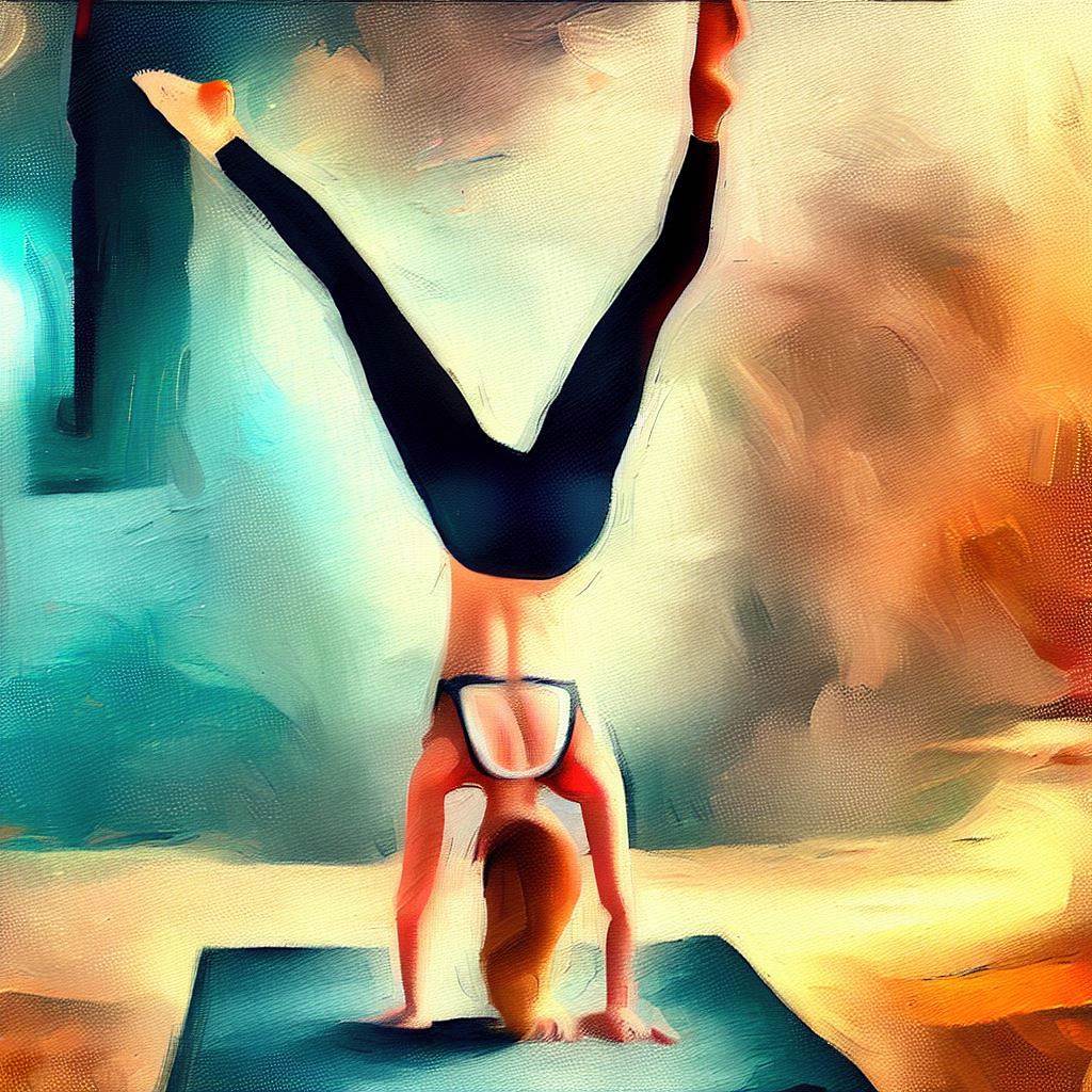 A woman doing a handstand in a yoga studio. - Oil painting style
