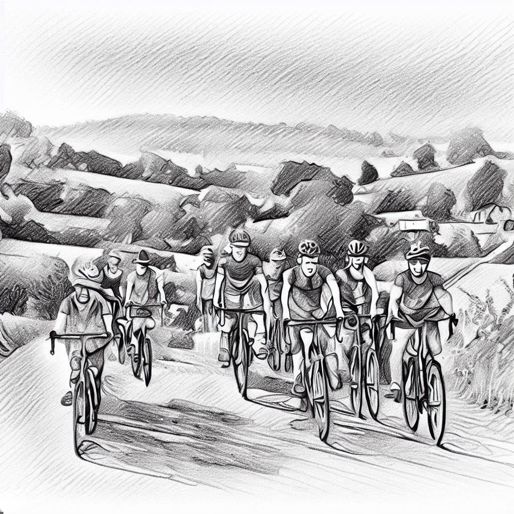 A group of people cycling in a scenic countryside. - Pencil drawing style