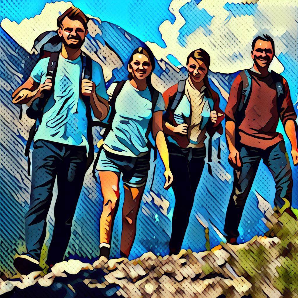 A group of friends hiking in the mountains. - Comic book style