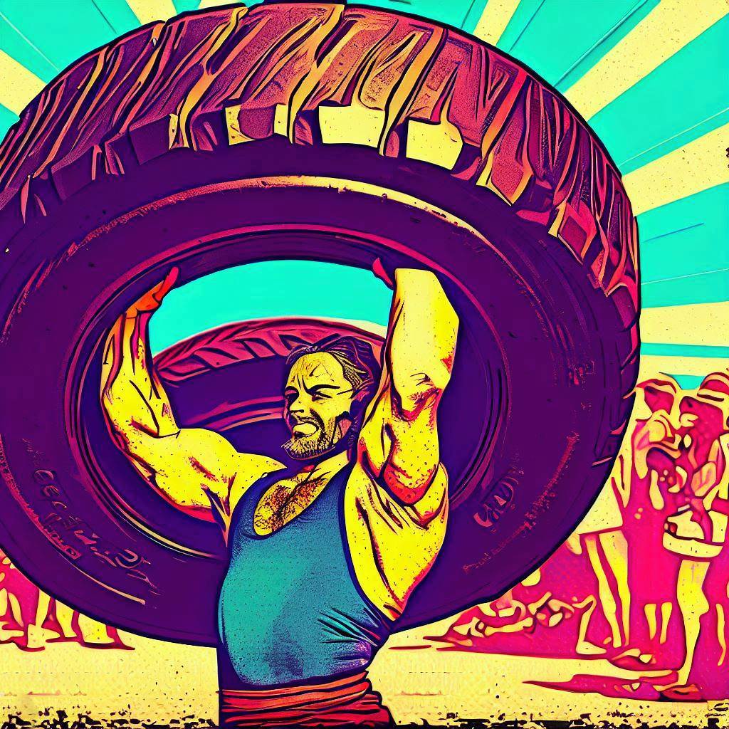 A man lifting a heavy tire during a strongman competition - Pop art style