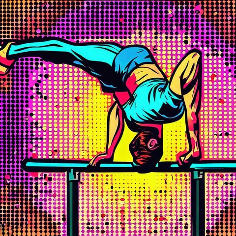 A man performing a handstand on parallel bars - Pop art style