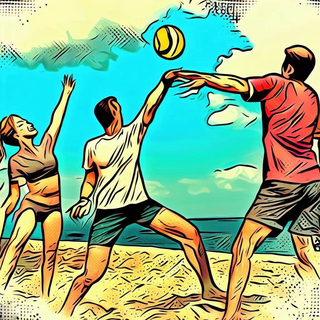 A group of friends playing beach volleyball - Comic book style
