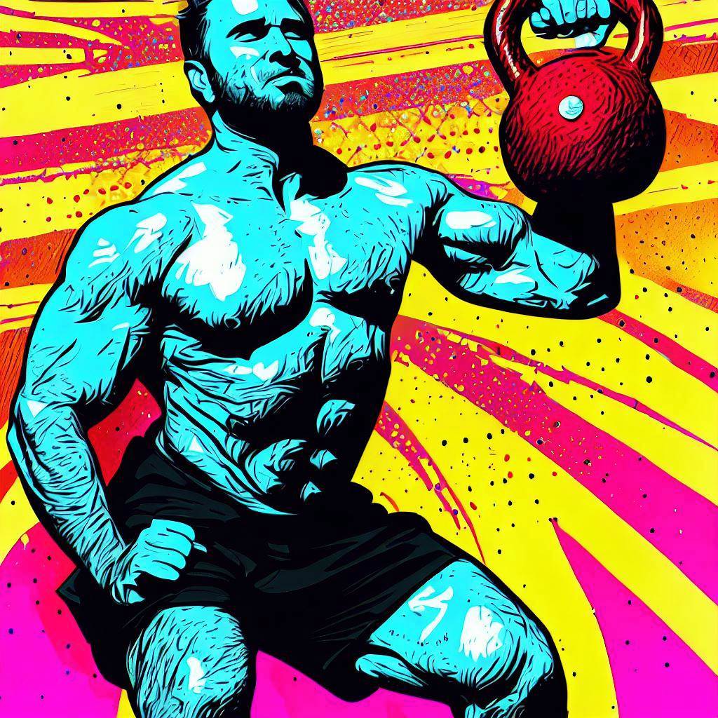 A man lifting a heavy kettlebell during a CrossFit workout - Pop art style