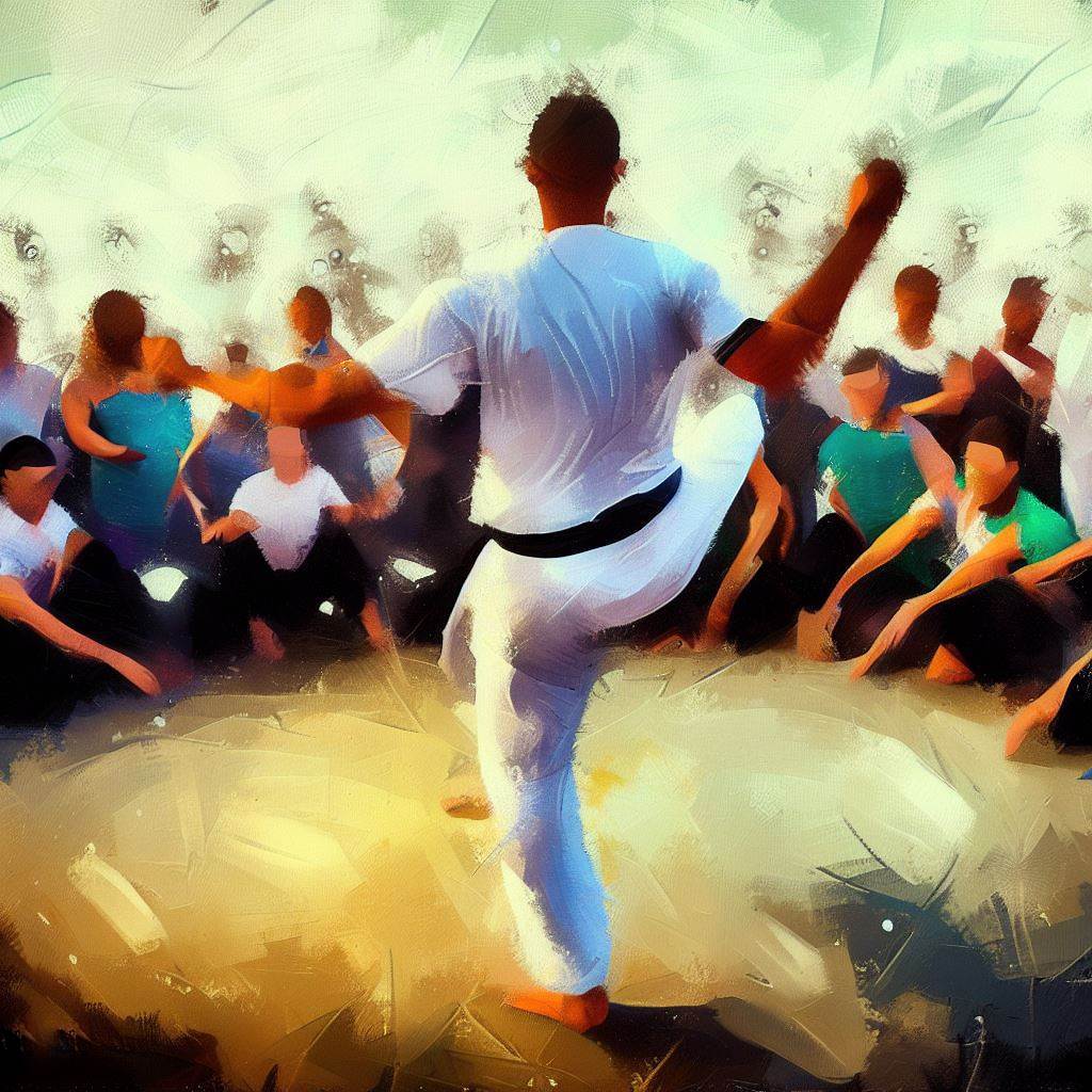 A man practicing capoeira moves in a circle of onlookers - Oil painting style