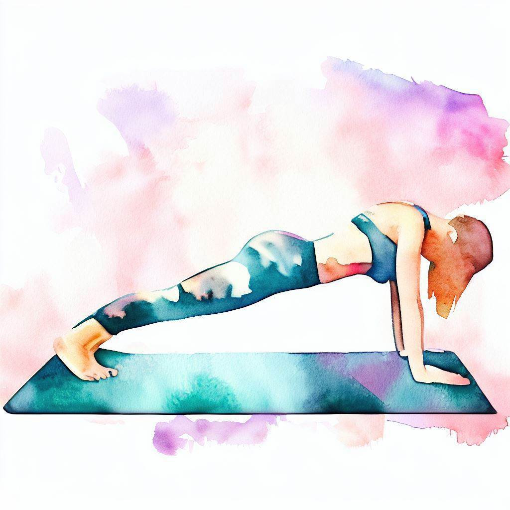 A person doing a side plank on a yoga mat - Watercolor style