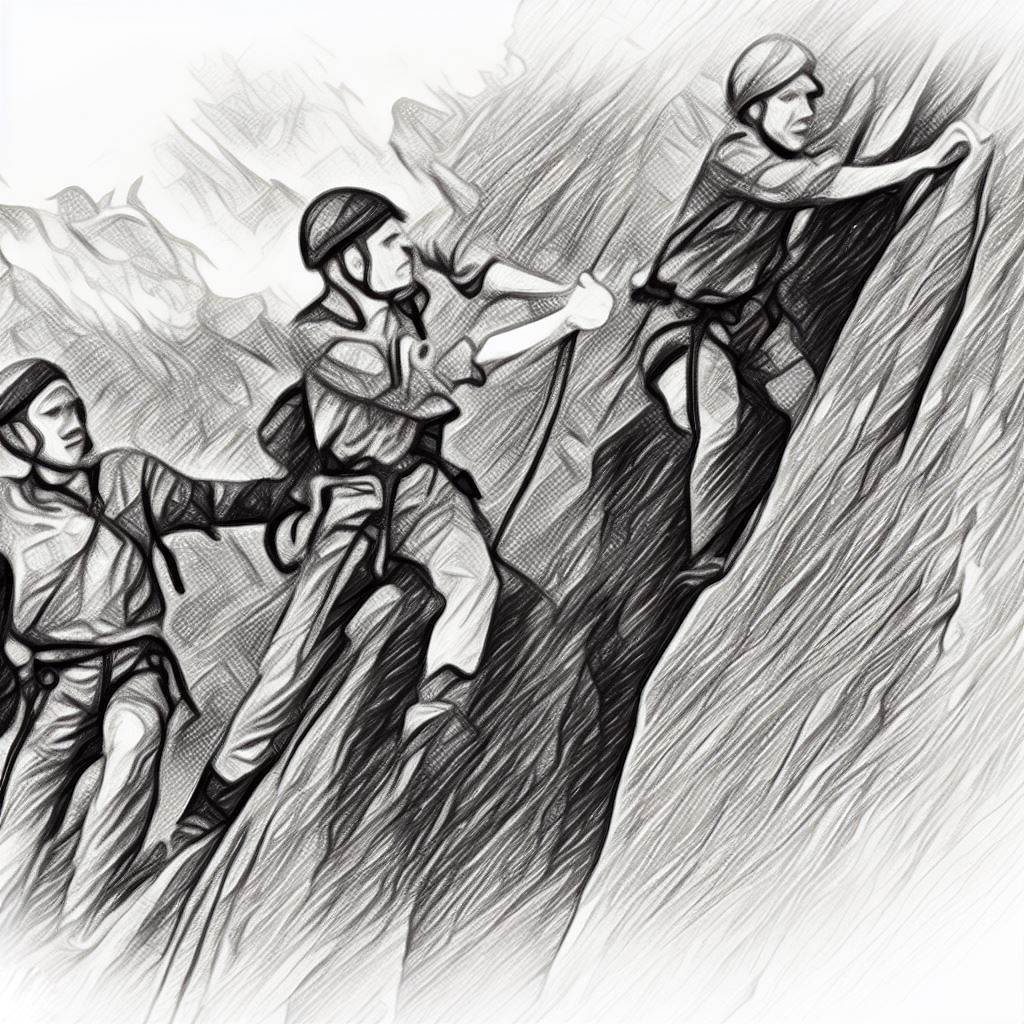 A group of friends rock climbing on a challenging route - Pencil drawing style