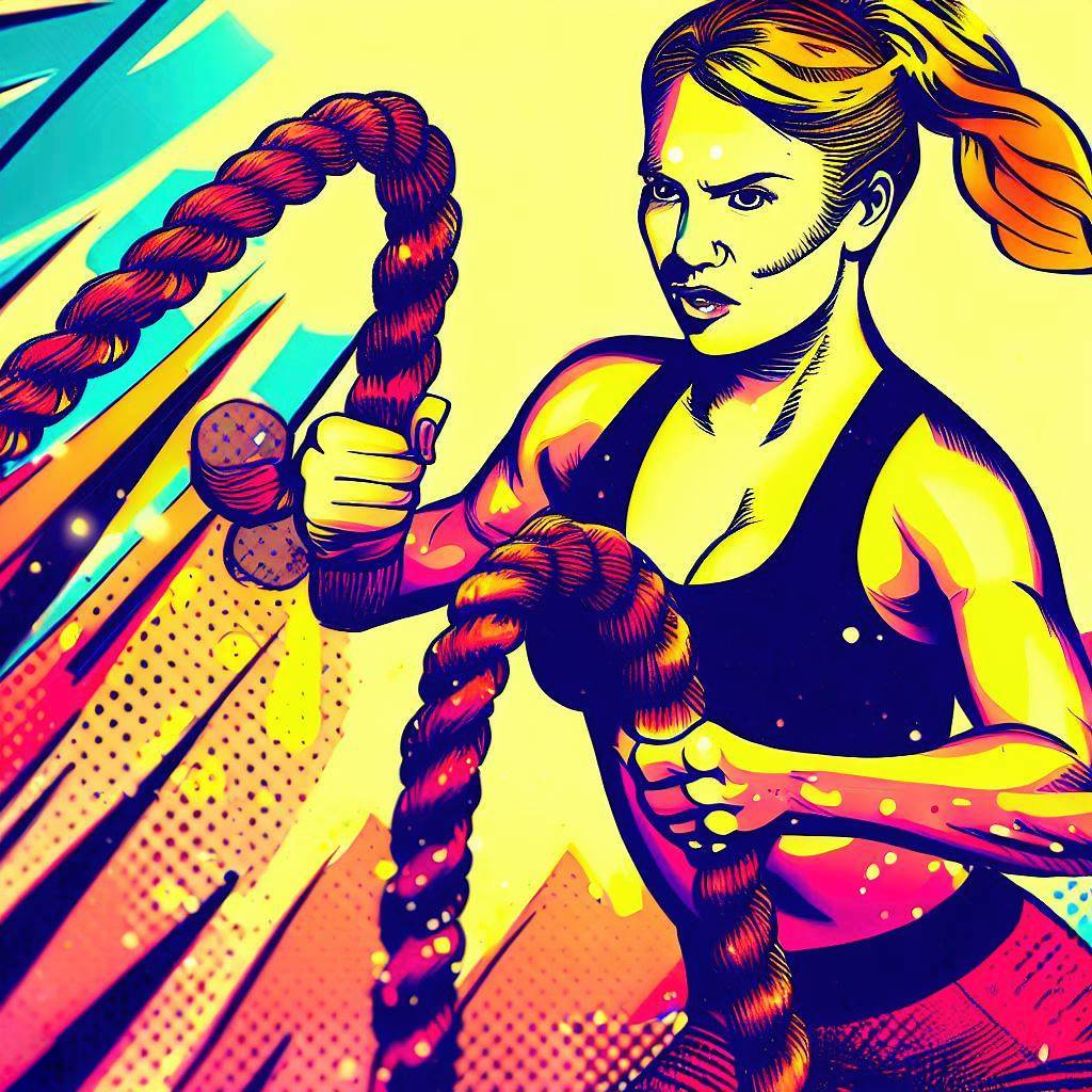 A woman using battle ropes during a high-intensity workout - Pop art style