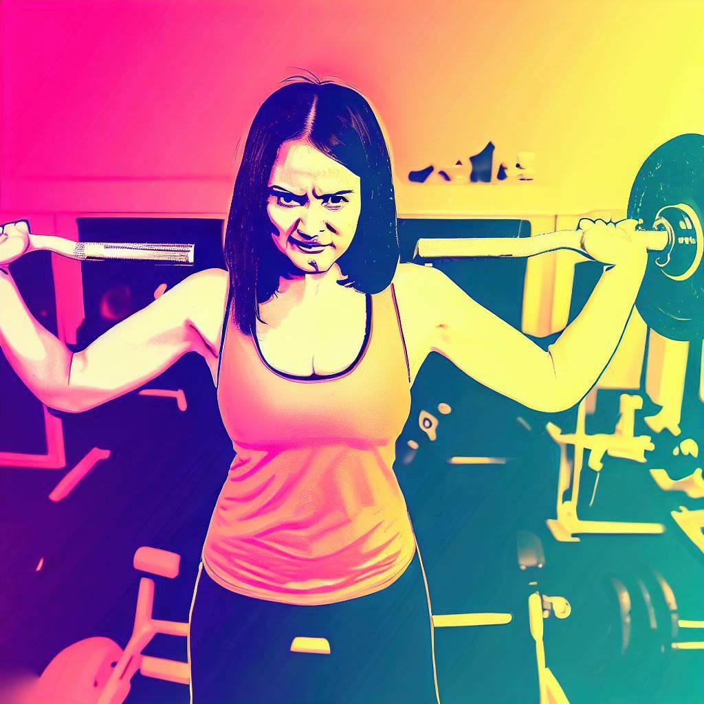 A woman lifting weights with determination at a home gym - Pop art style