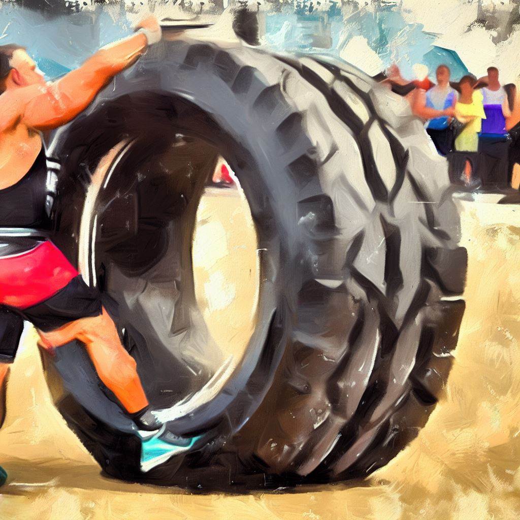 A man lifting a heavy tire during a strongman competition - Oil painting style
