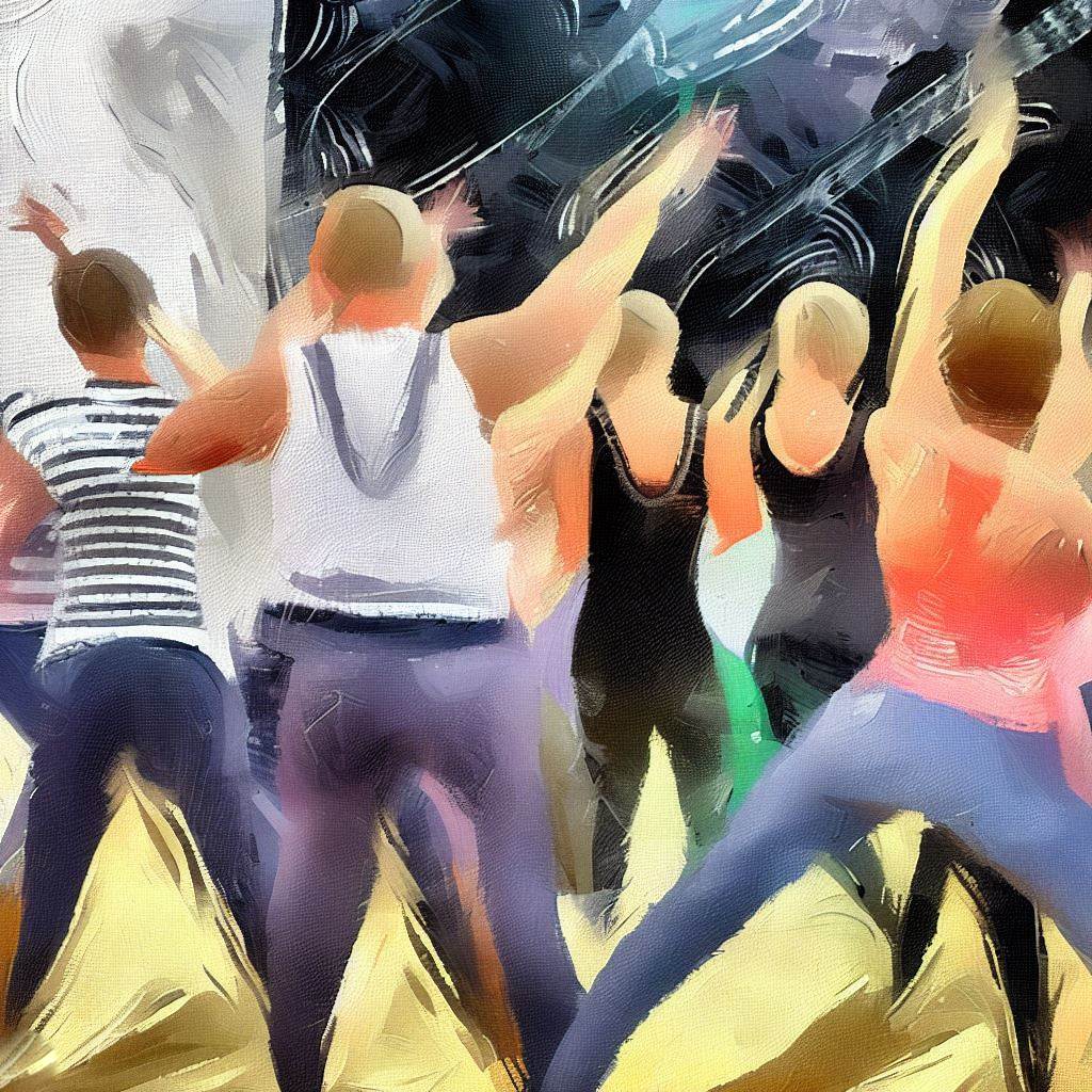 A group of people participating in a high-energy dance workout - Oil painting style