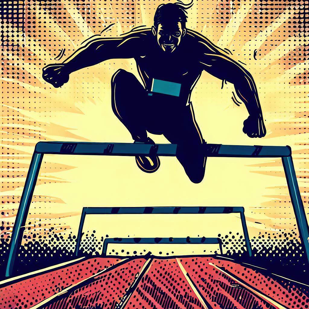 A person jumping over a hurdle with determination on a track - Comic book style