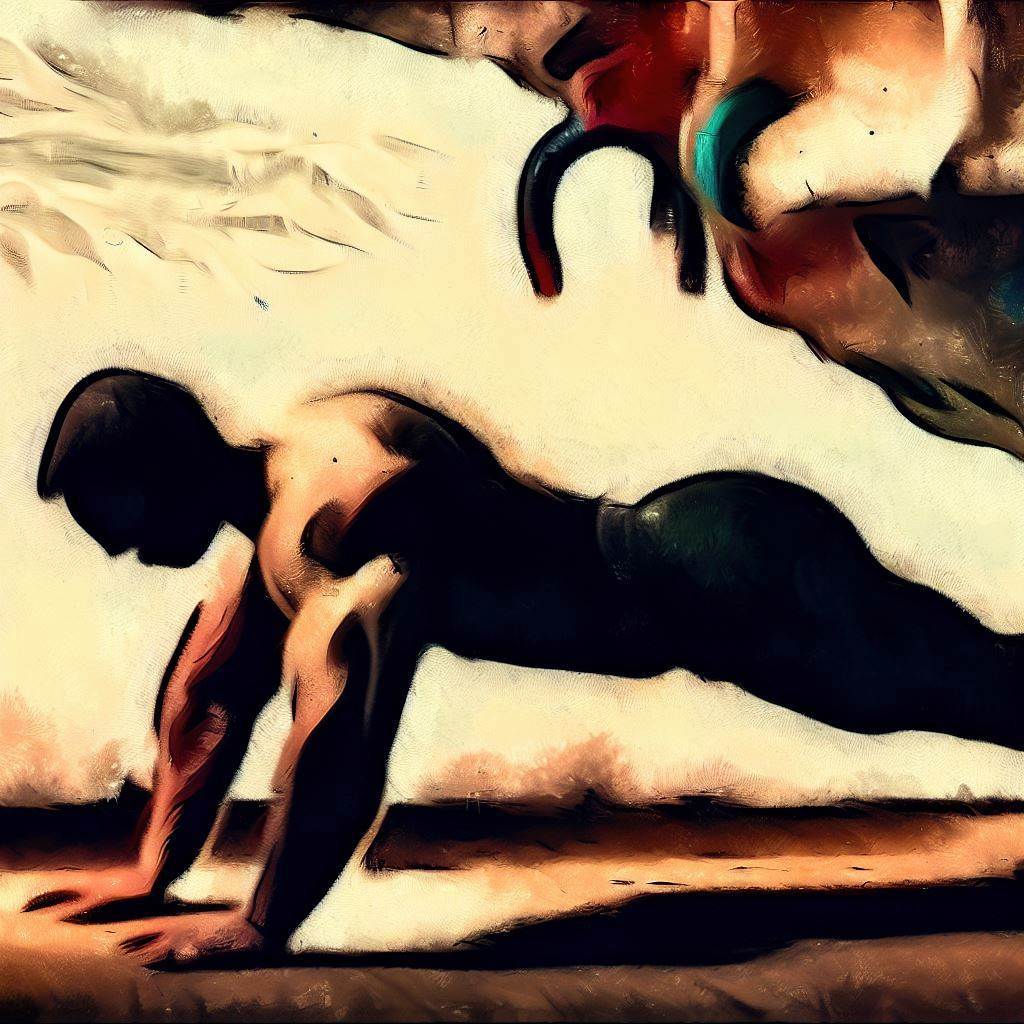 A person performing push-ups in a gym - Cave painting style