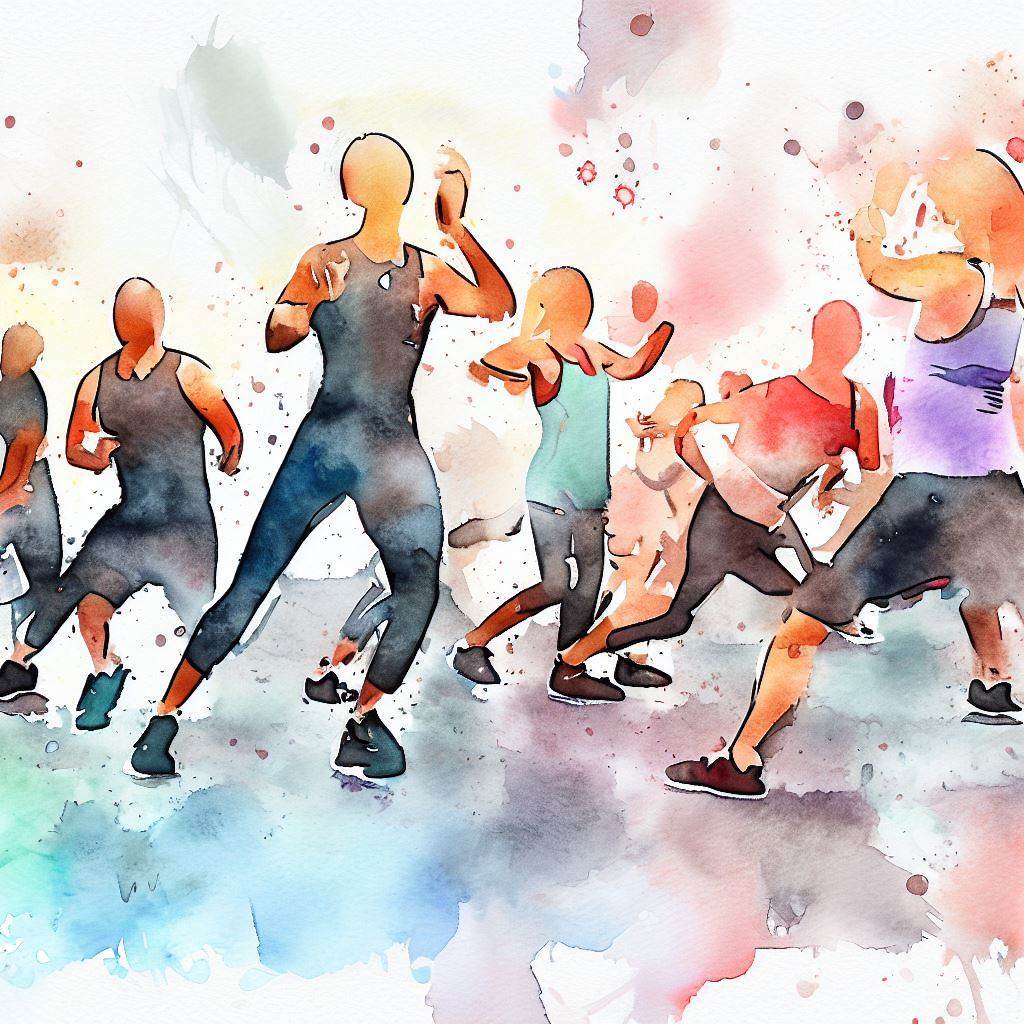 A group of people participating in a high-intensity interval training (HIIT) workout - Watercolor style