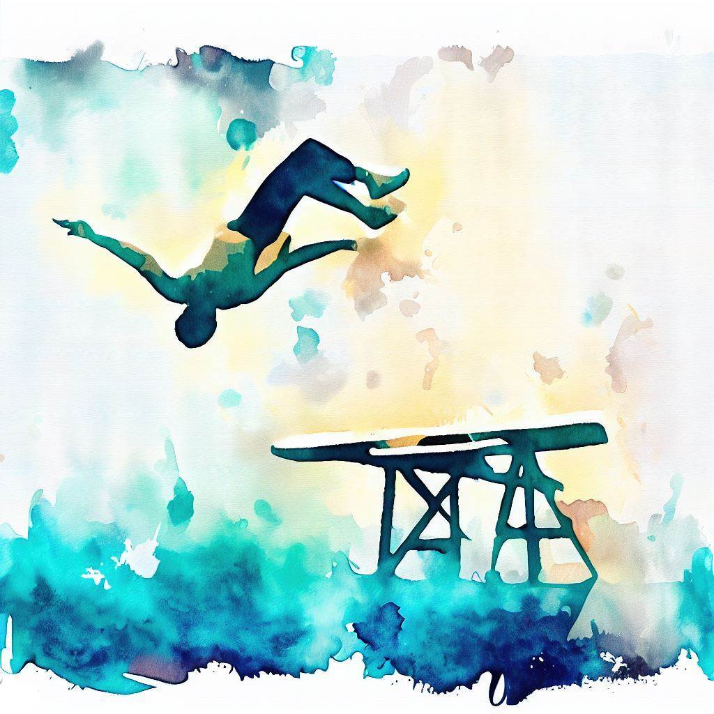 A person doing a backflip off a diving board - Watercolor style