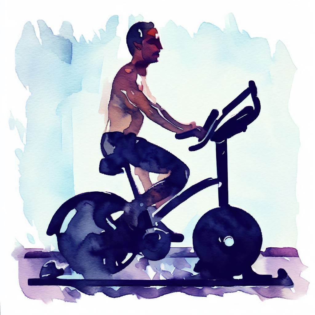 A person riding a stationary bike at the gym - Watercolor style