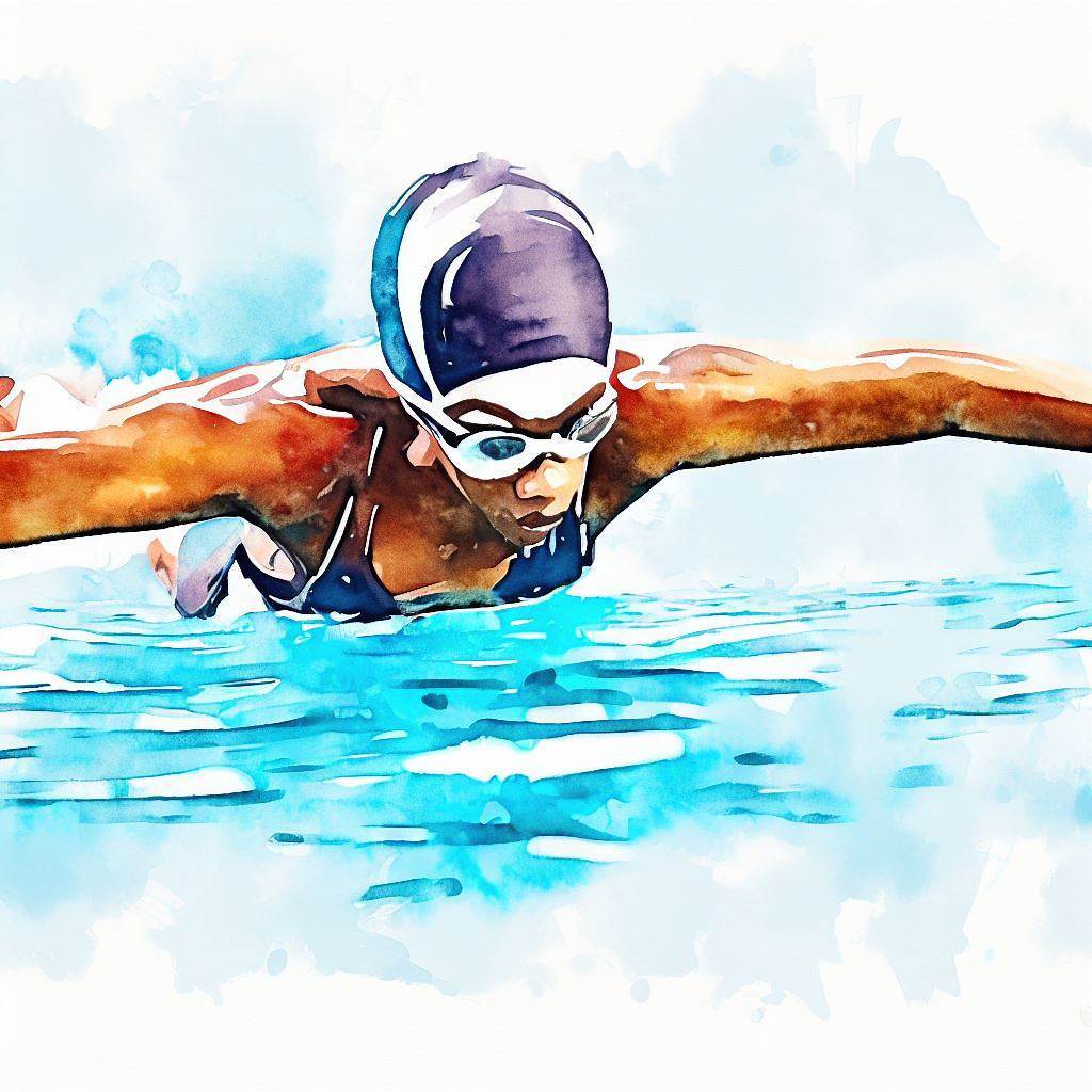 A person swimming butterfly stroke in a pool - Watercolor style