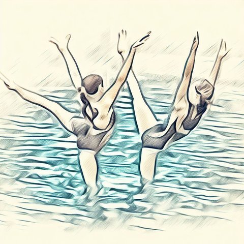 Two friends exercising in shallow pool - Pencil drawing style