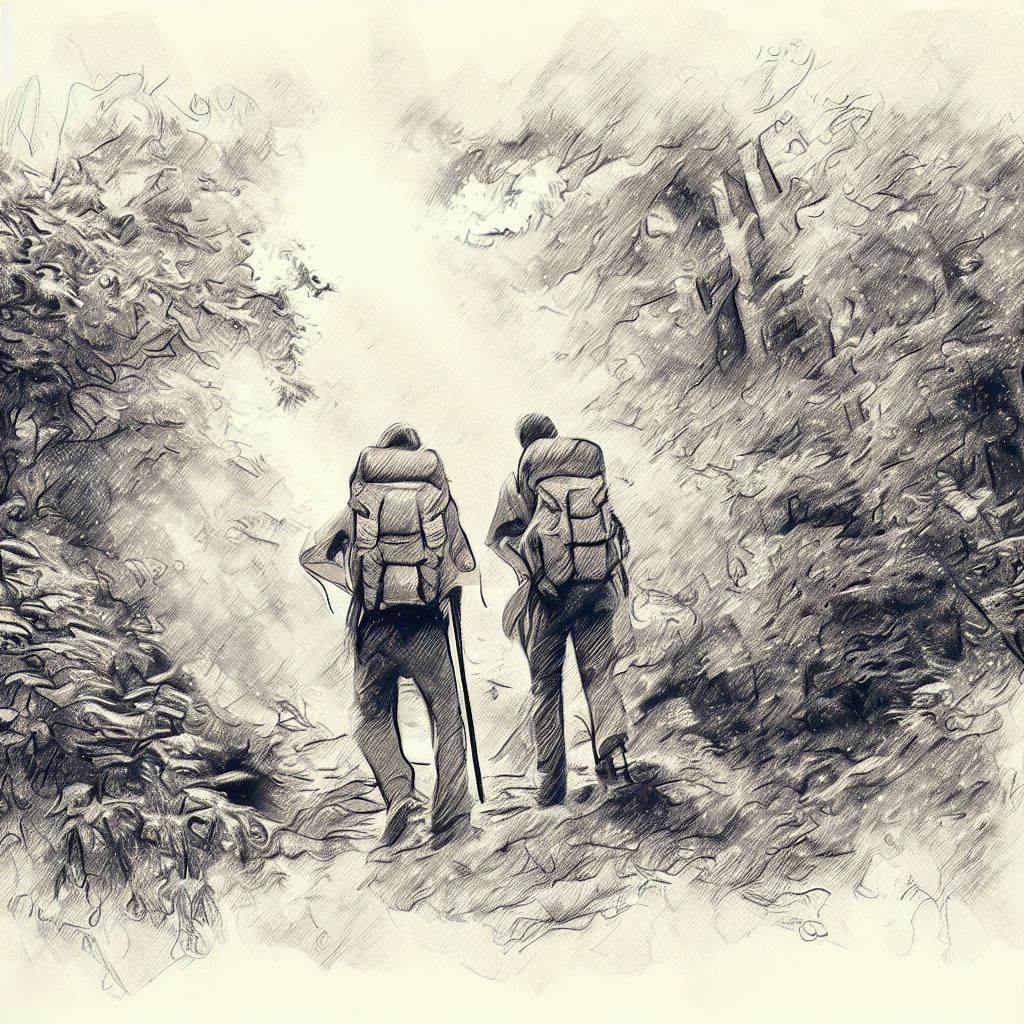 Two friends hiking in the forest - Pencil drawing style
