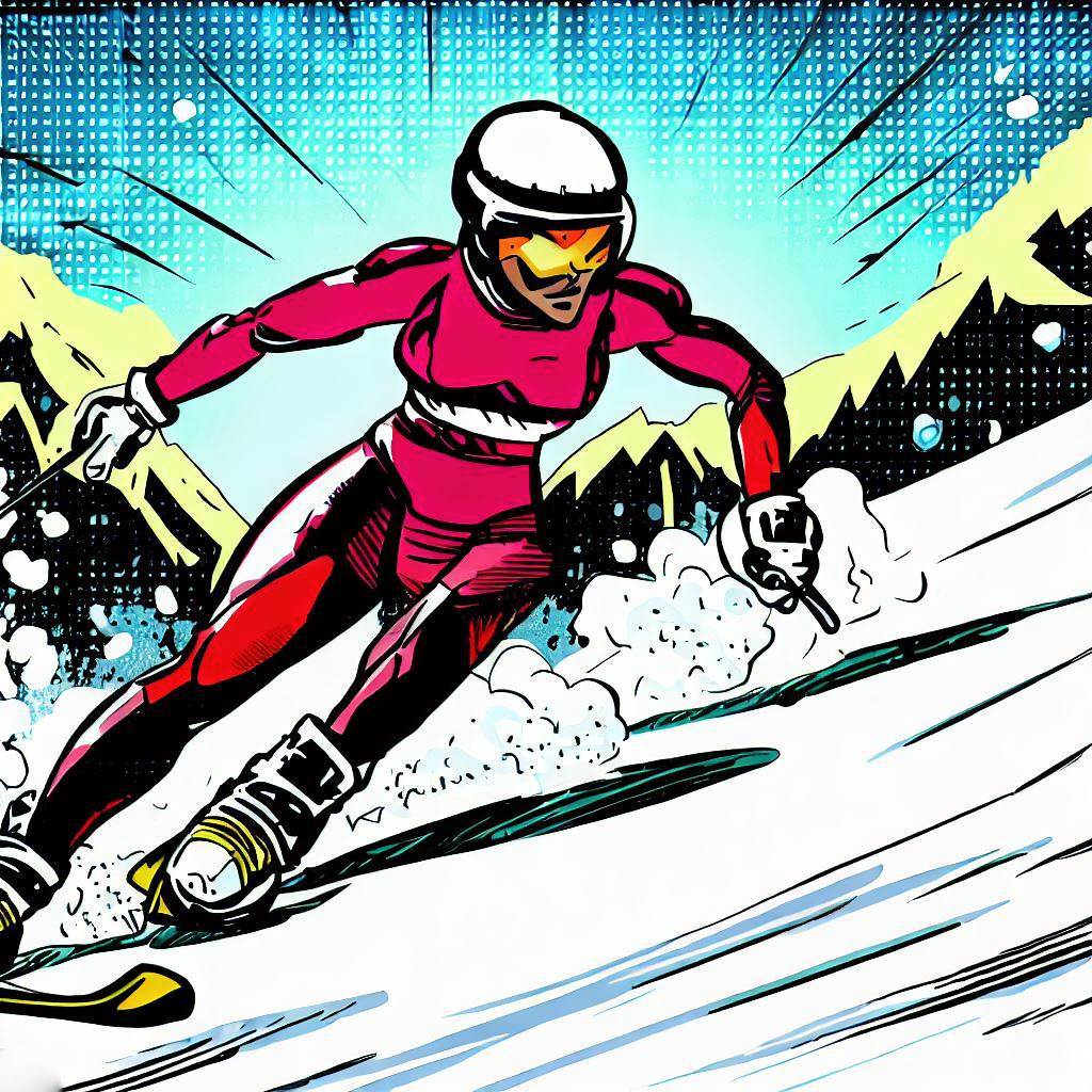 A skier racing down a snowy mountain slope - Comic book style