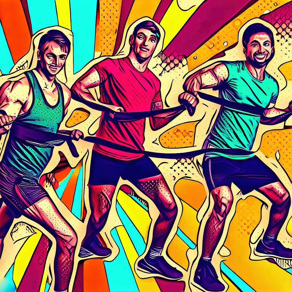 A group of people doing resistance band exercises - Pop art style