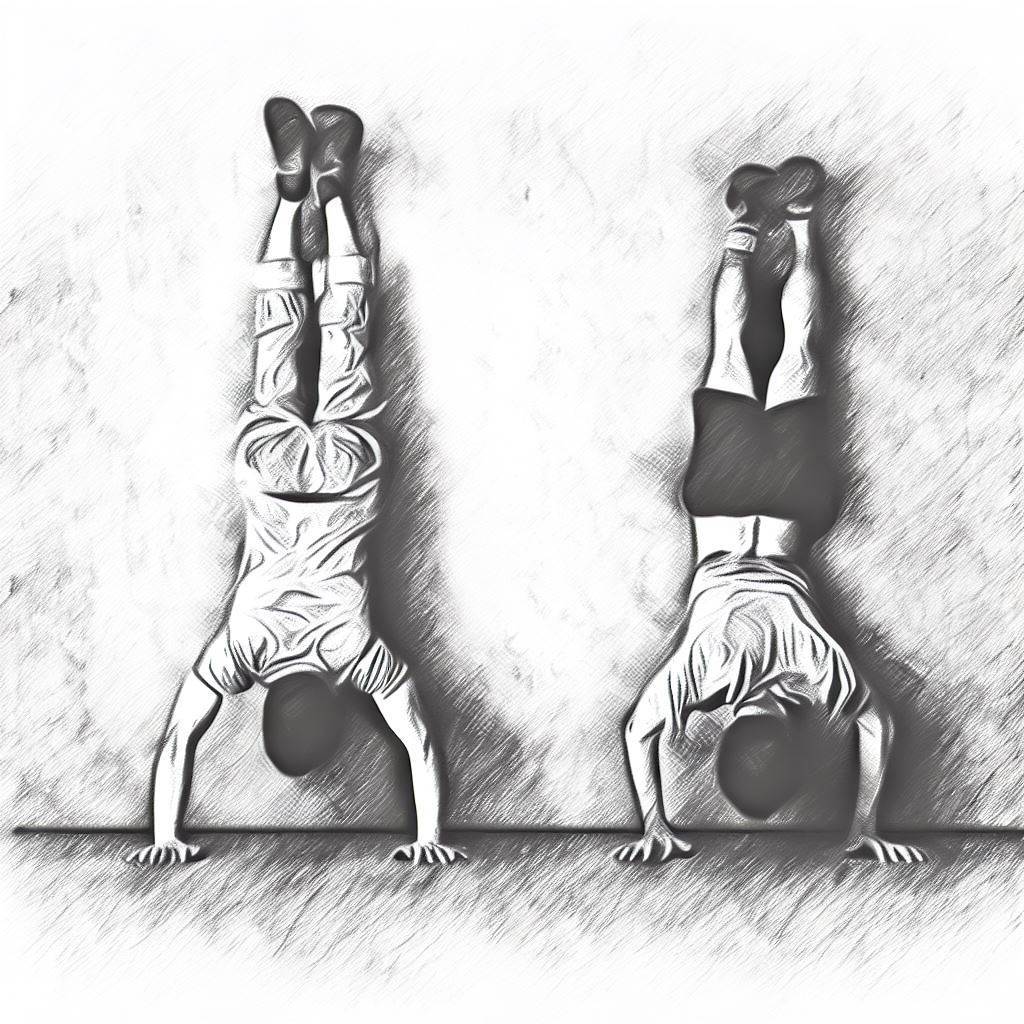 Two friends doing handstand push-ups against a wall - Pencil drawing style