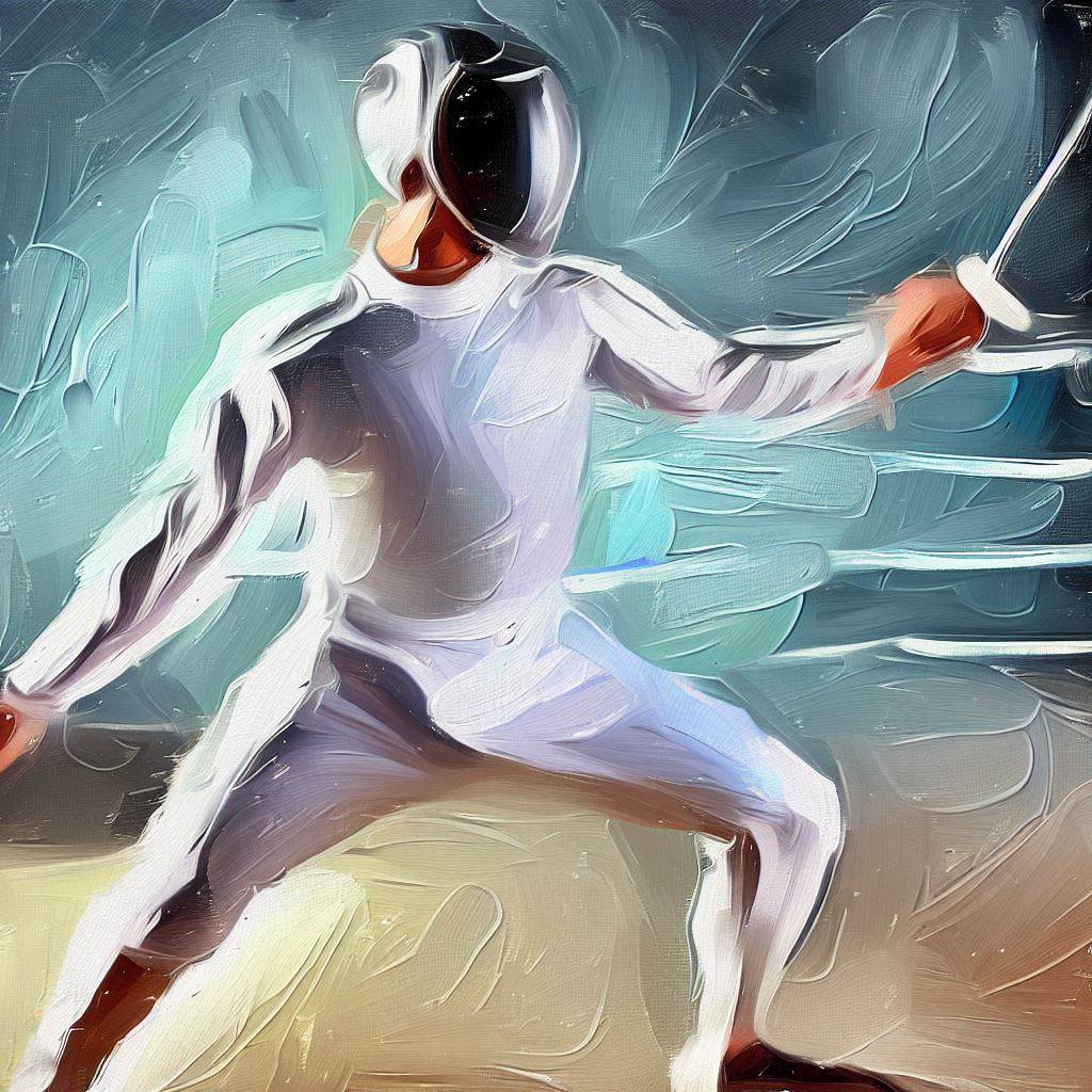 A person practicing fencing with a foil - Oil painting style