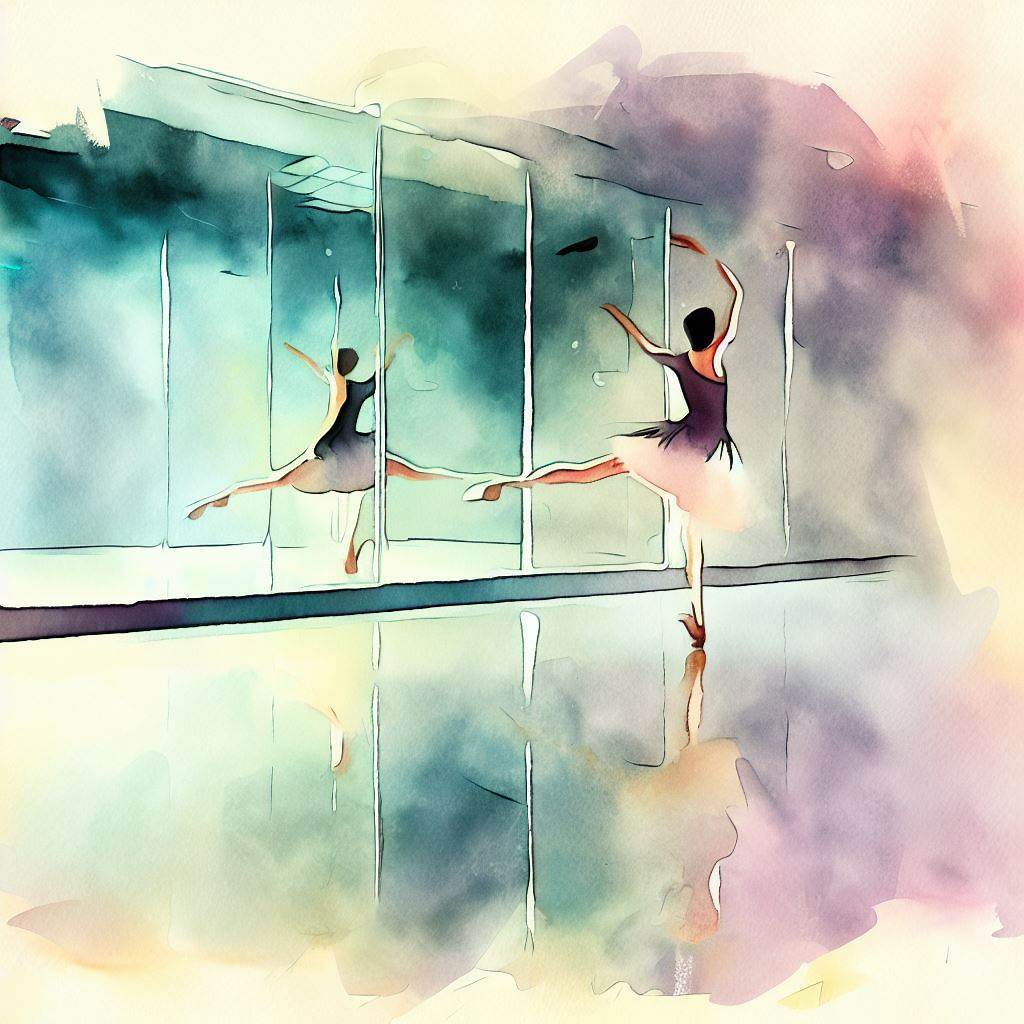 A person practicing ballet in a mirrored dance studio - Watercolor style