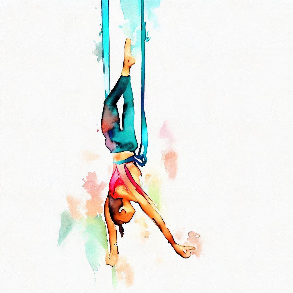 A person practicing aerial silks suspended from the ceiling - Watercolor style