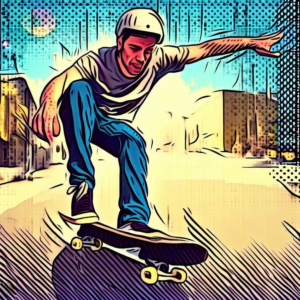 A skateboarder executing a manual trick on a city street - Comic book style