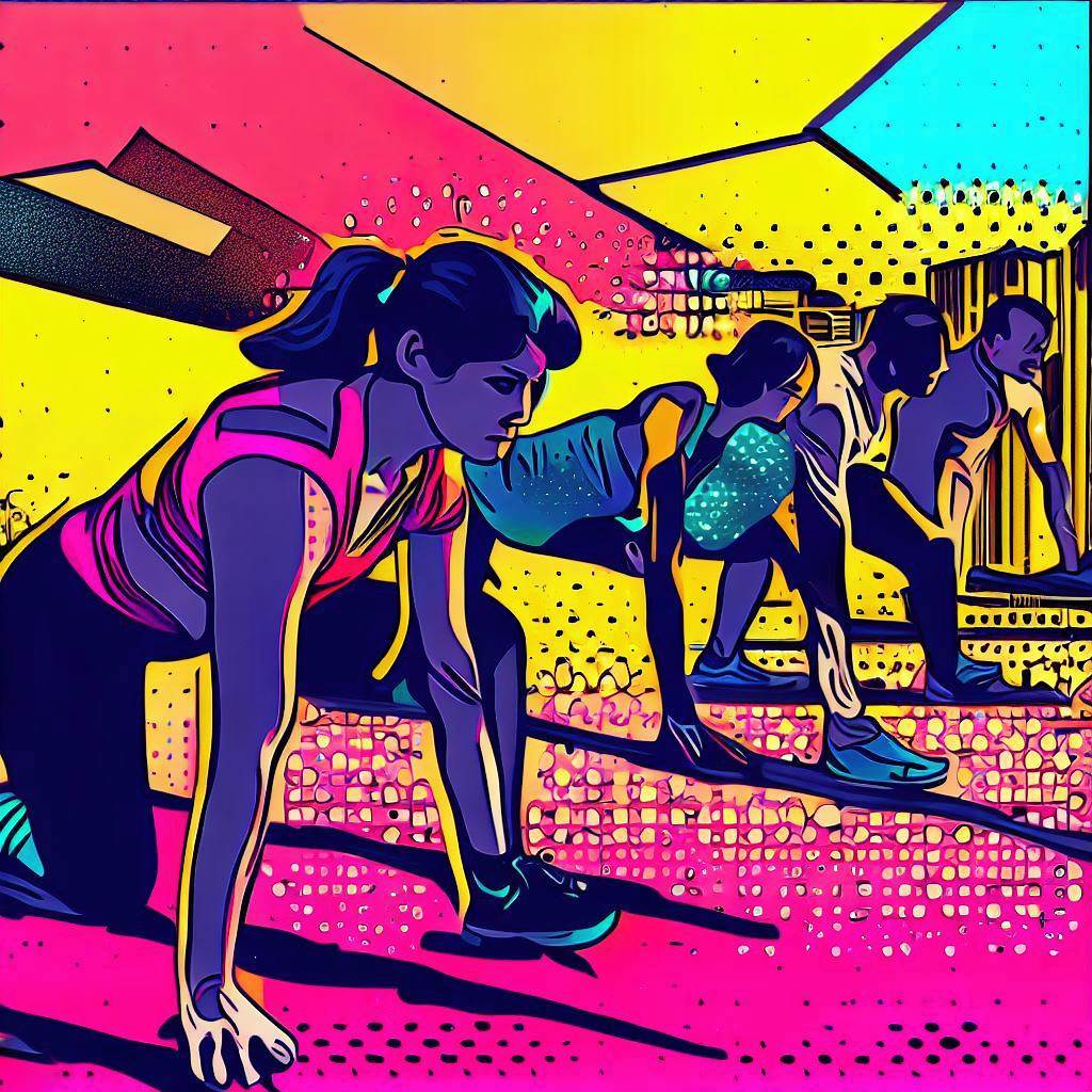 A group of people doing bodyweight exercises in an urban setting - Pop art style