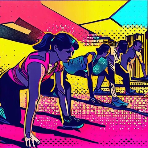 A group of people doing bodyweight exercises in an urban setting - Pop art style