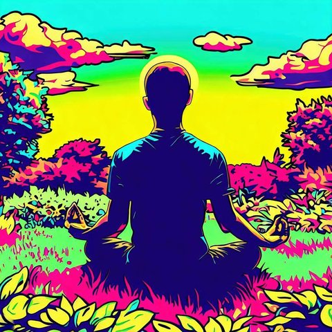 Person meditating in a tranquil garden - Pop art style