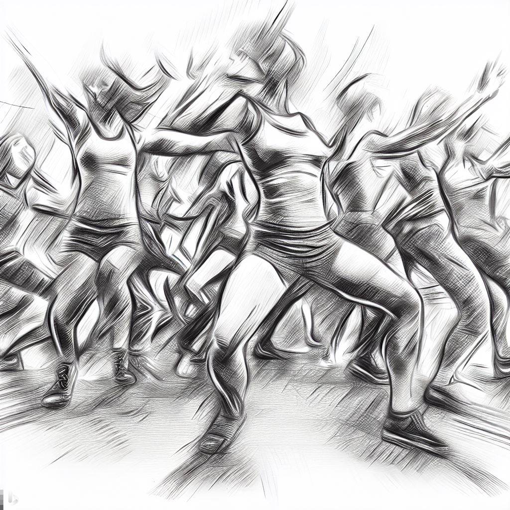 Zumba dance party with dynamic movements - Pencil drawing style