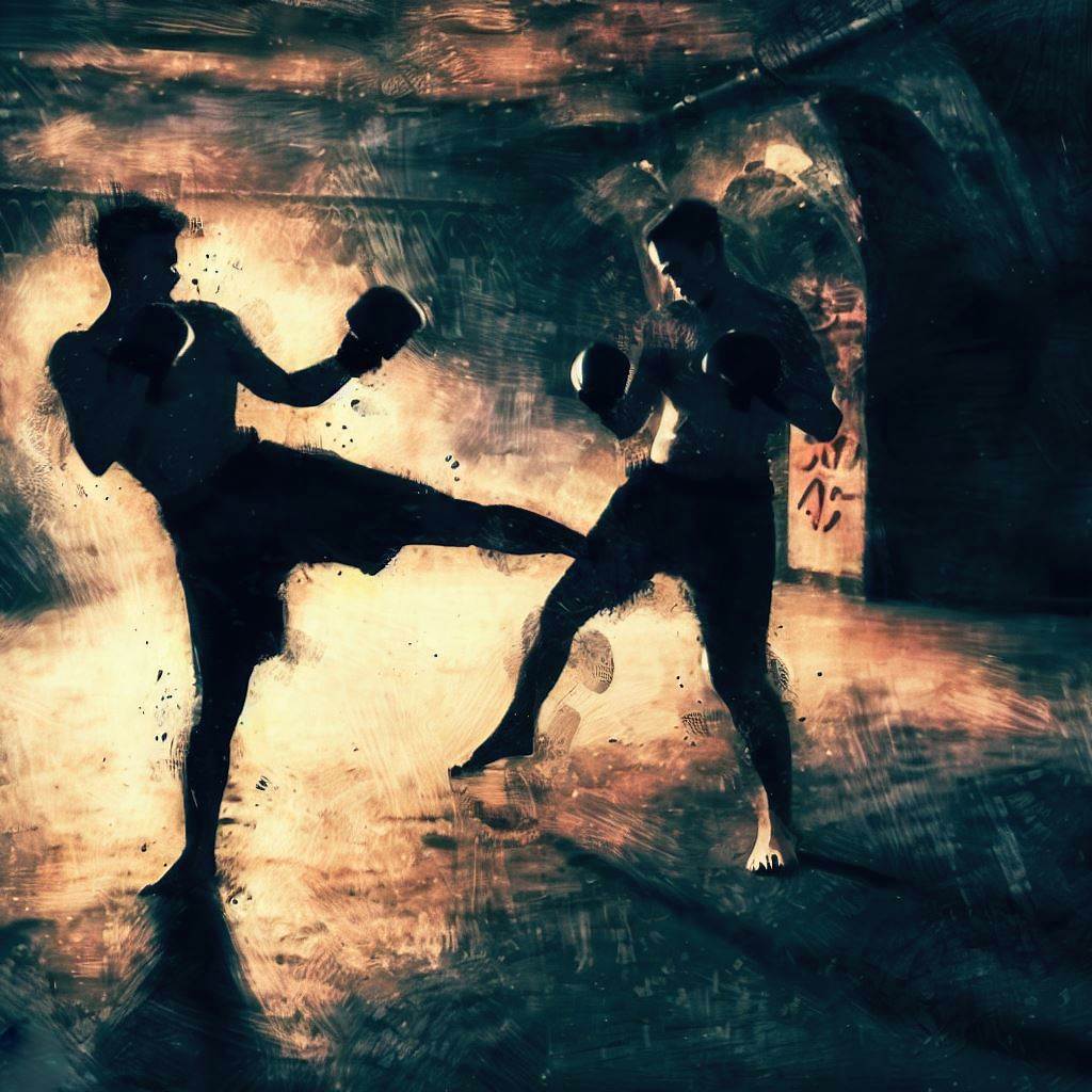 Kickboxing training in a gritty urban environment - Cave painting style