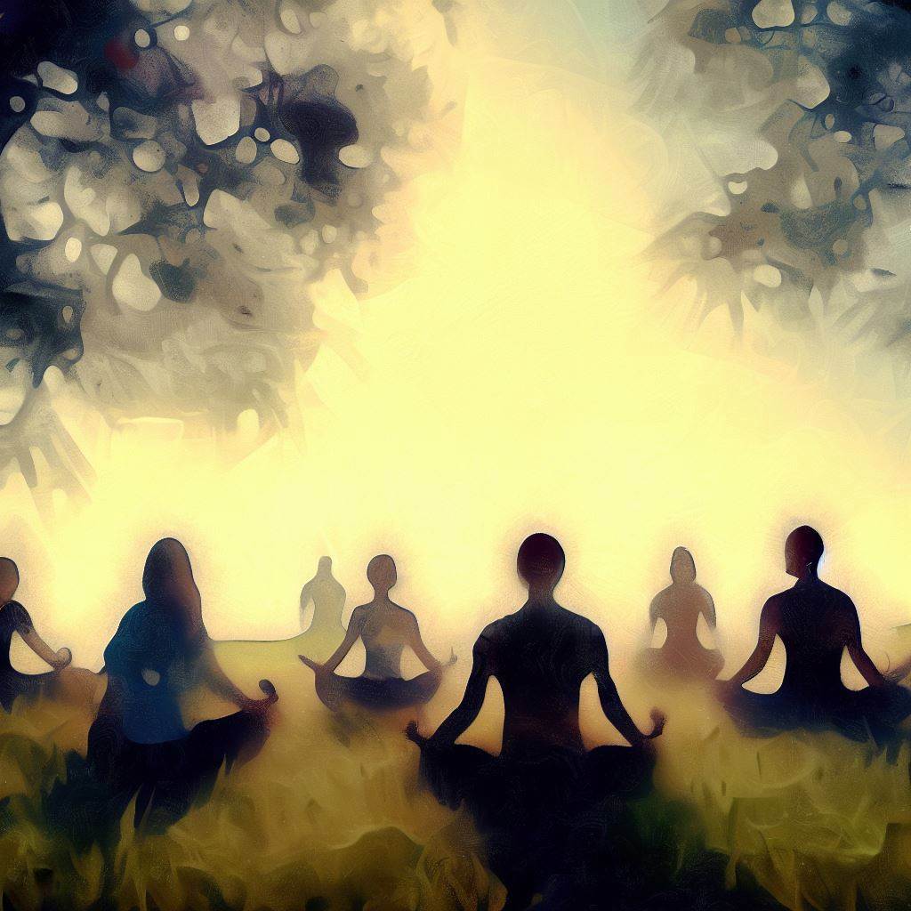 Group meditation session in a serene meadow - Cave painting style