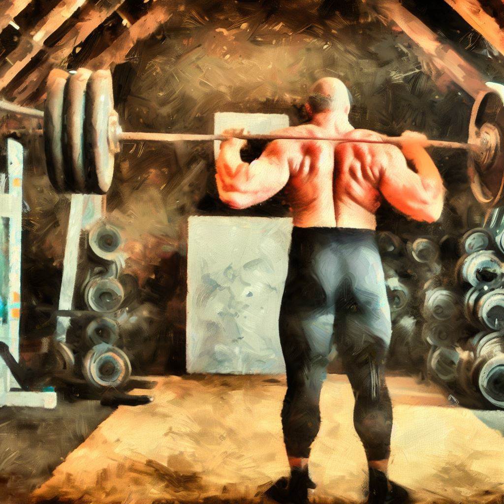 Powerlifting in a rustic barn gym - Oil painting style
