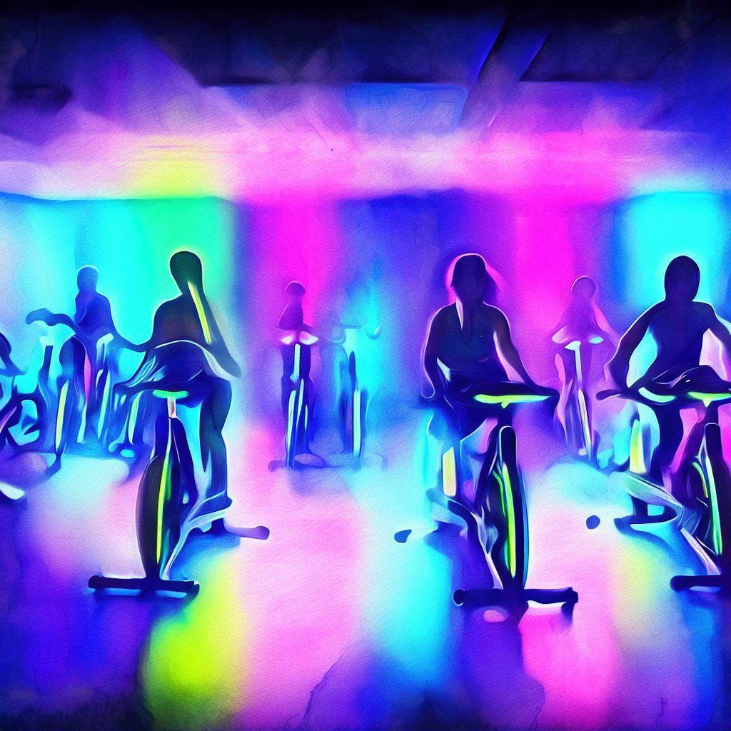 Spinning class with neon lights - Watercolor style