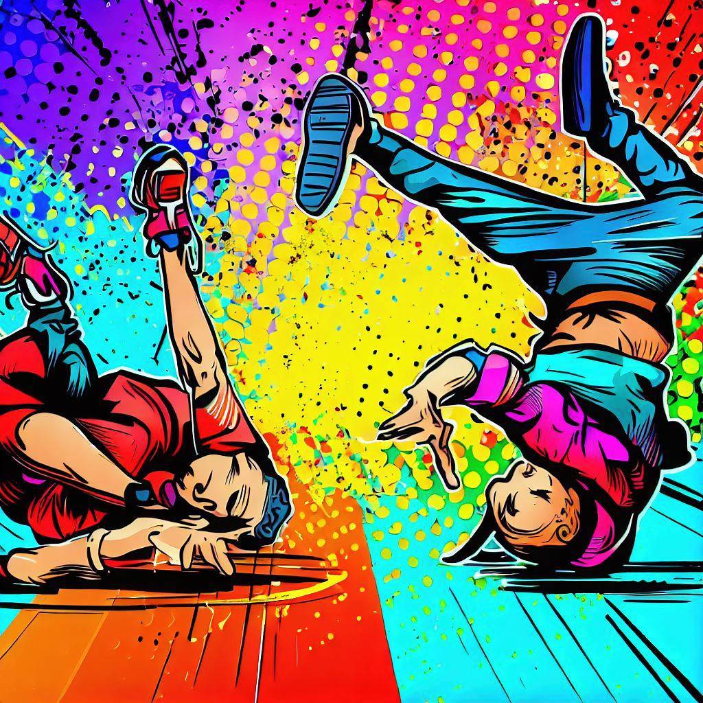 Breakdancing battle with vibrant graffiti - Pop art style