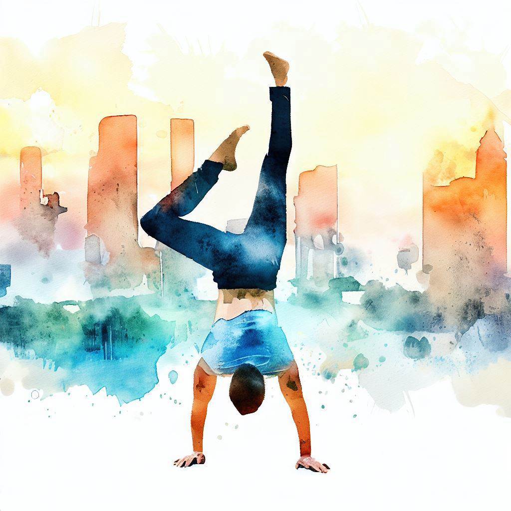 Handstand practice against a cityscape - Watercolor style