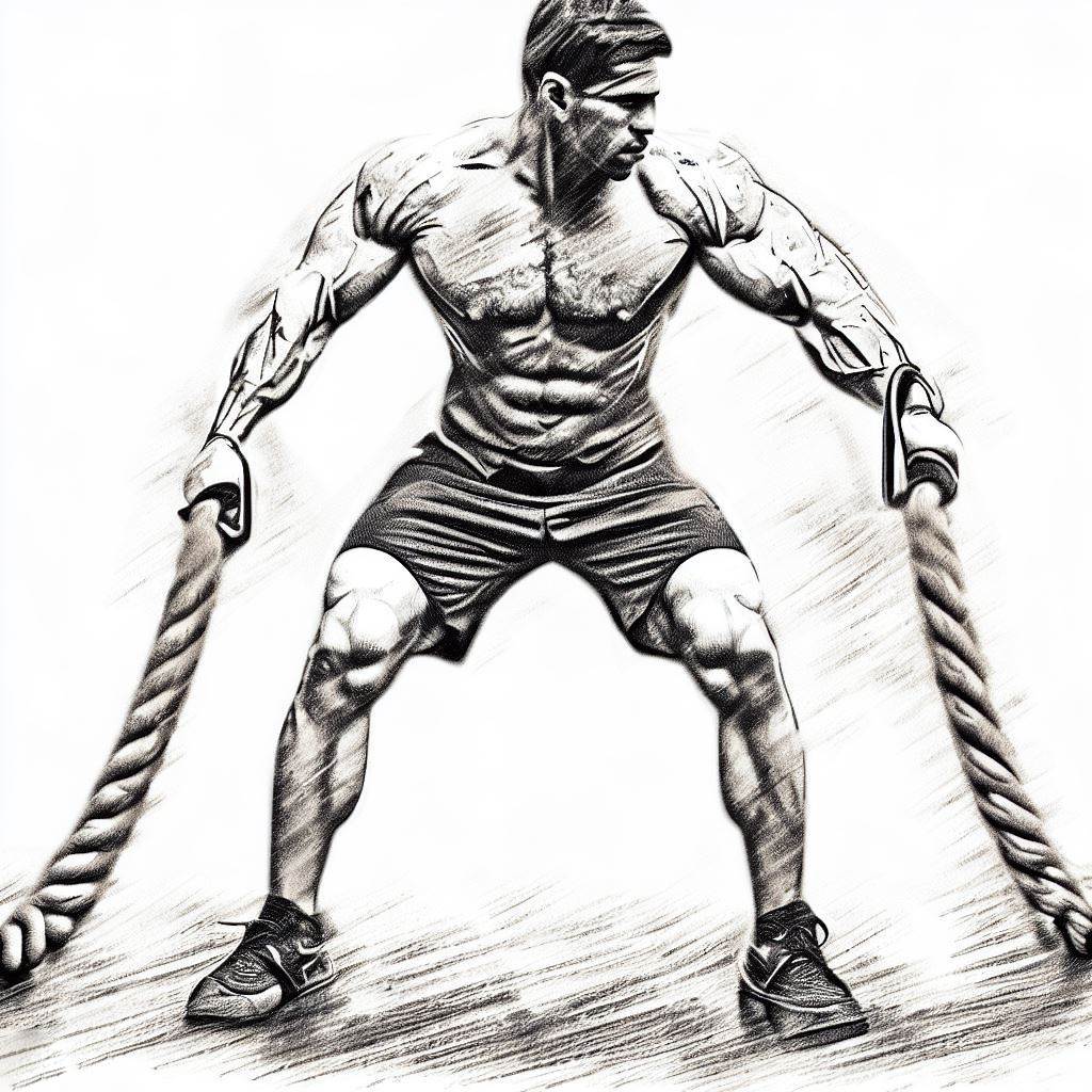 Functional training with battle ropes - Pencil drawing style