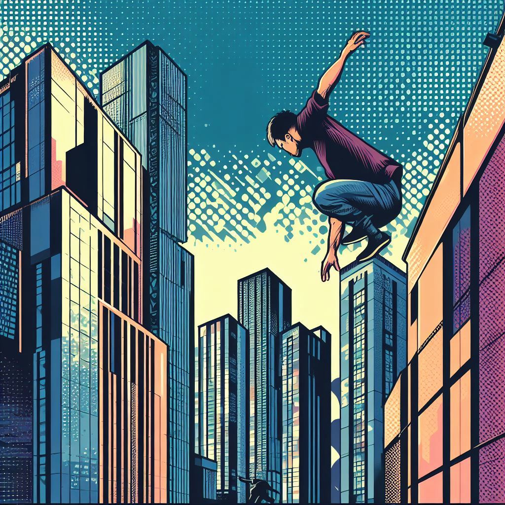 Urban parkour amidst skyscrapers - Pop art style