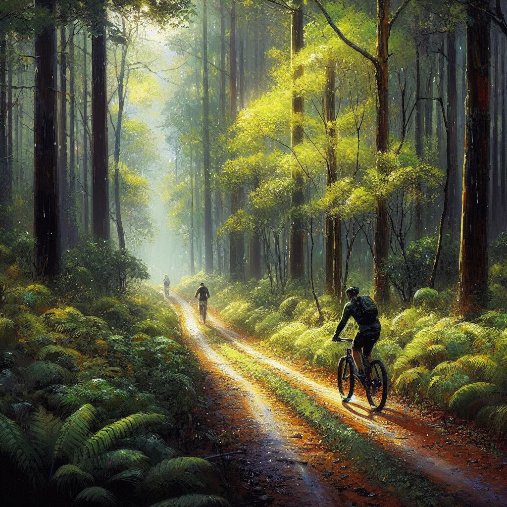 Cycling through a dense forest - Oil painting style