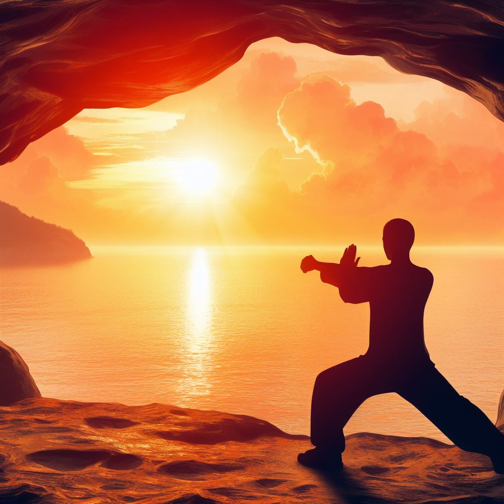 Sunrise Tai Chi by the sea - Cave painting style