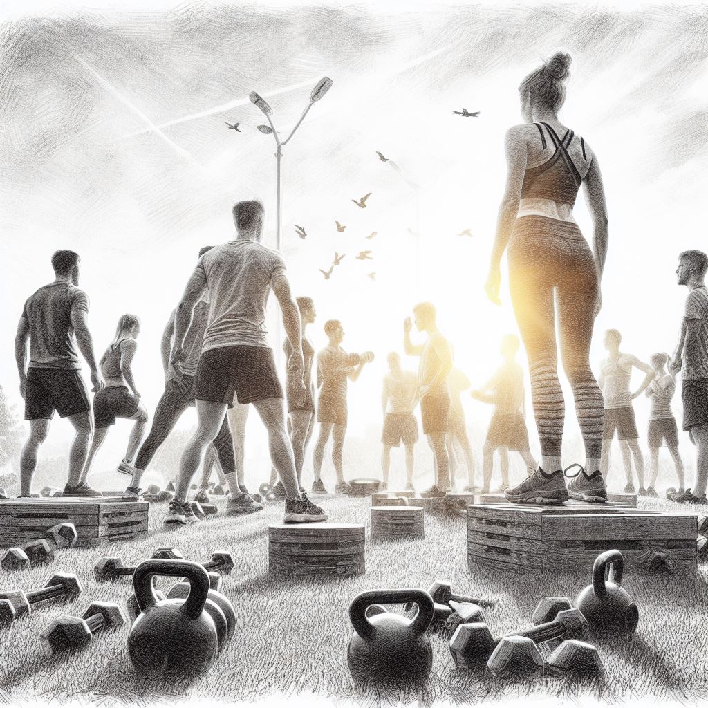 Fitness bootcamp in an open field - Pencil drawing style