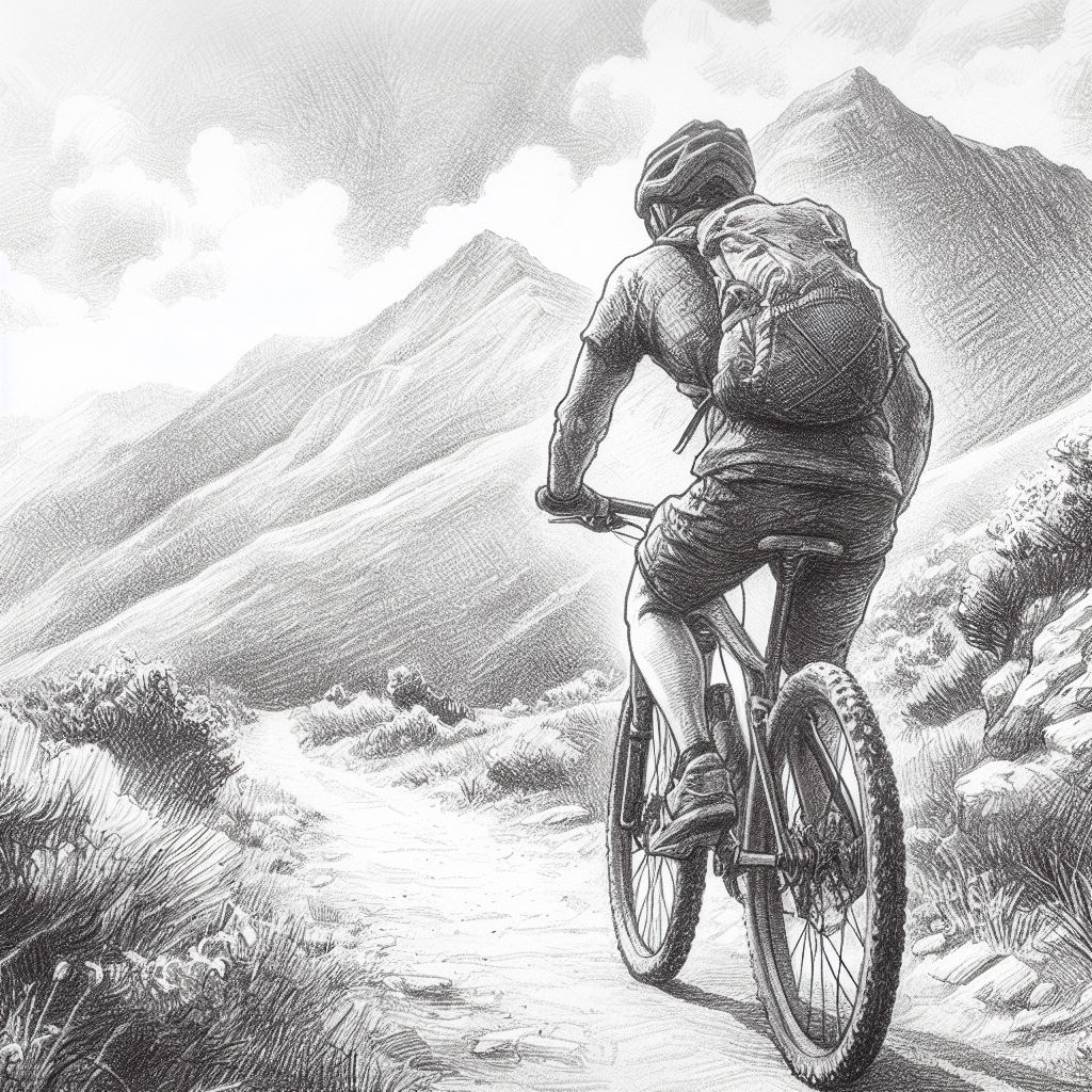 A cyclist on a mountain trail - Pencil drawing style
