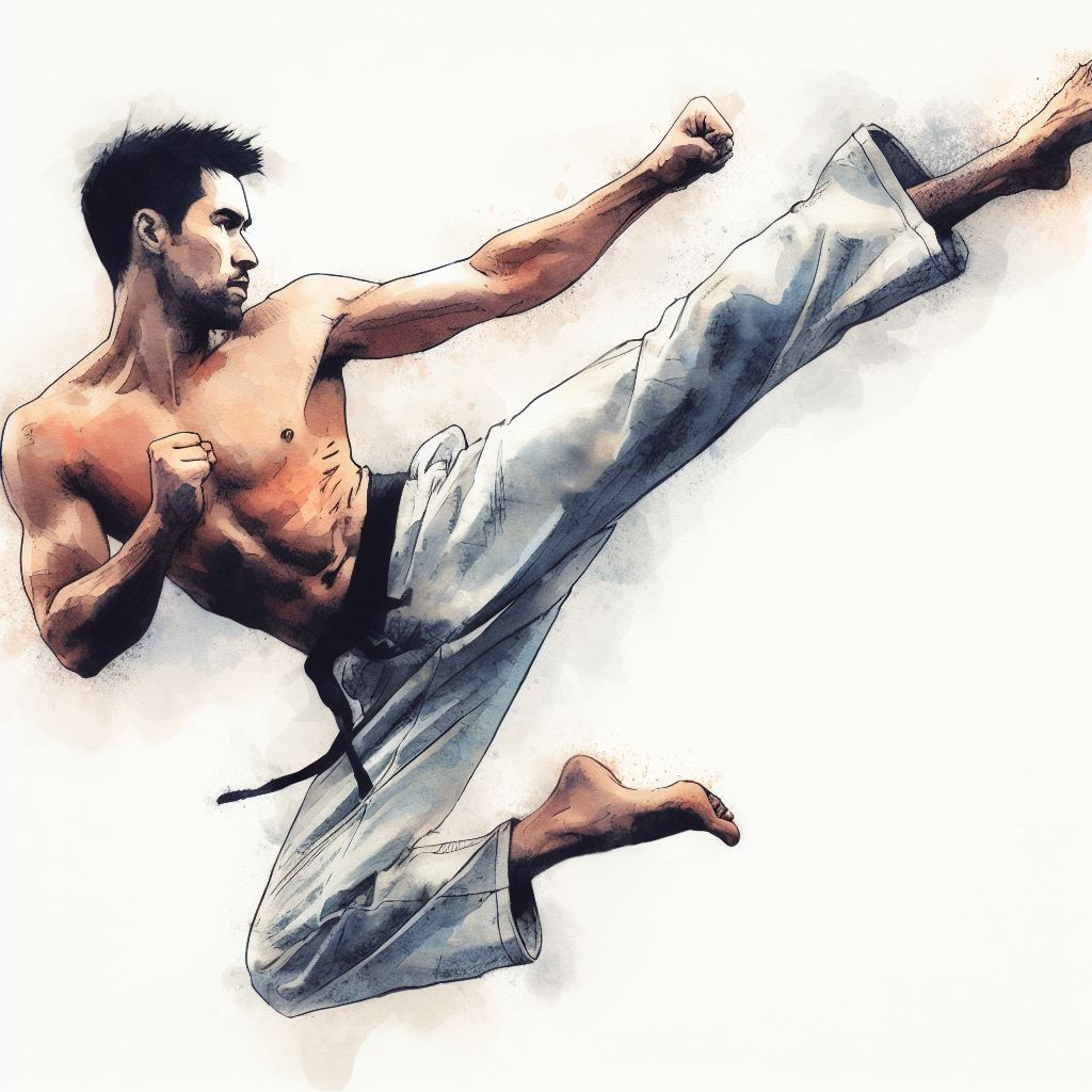 A martial artist in mid-air kick - Watercolor style