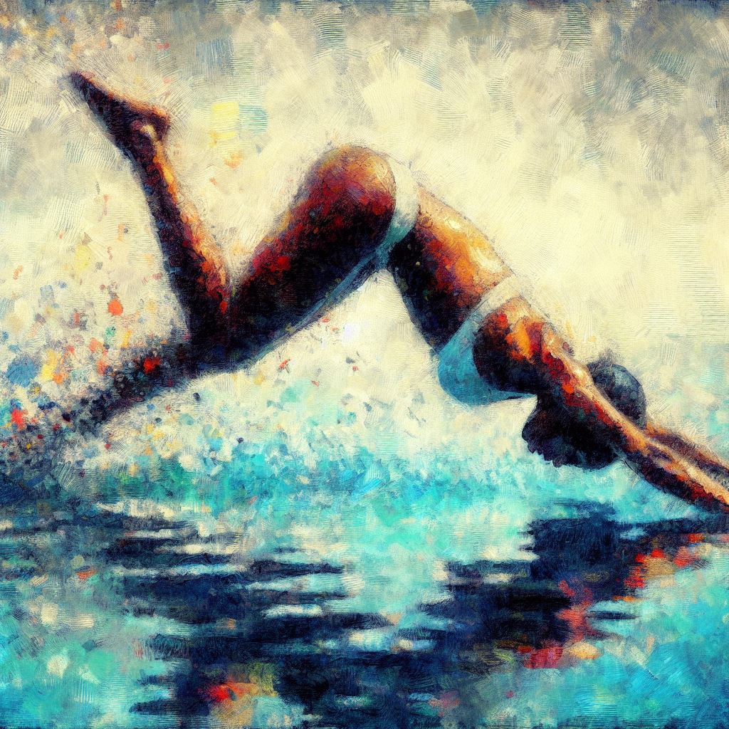 A swimmer diving into a pool - Impressionism style