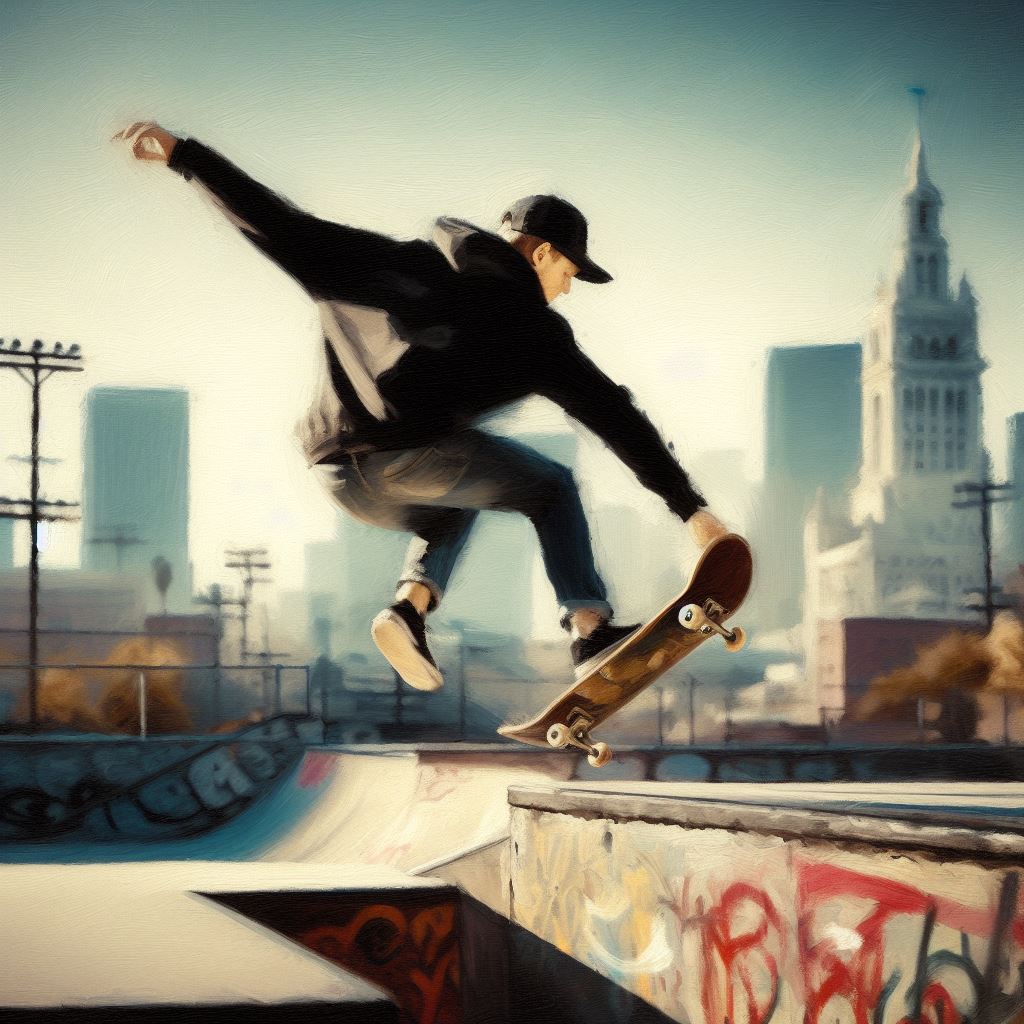 A skateboarder performing a trick - Oil painting style